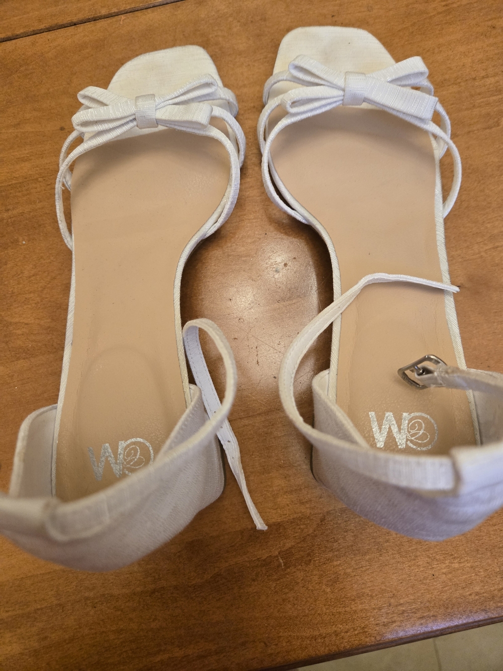 White Bow Ankle-Strap Sandals with Low Block Heel